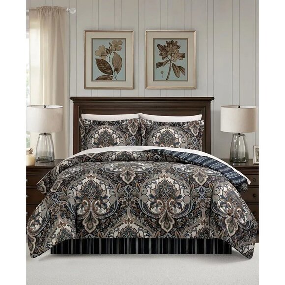 Isabella Fairfield Comforter Set 6PC Twin Comforter and Sheets Navy Damask $100 - Picture 1 of 8